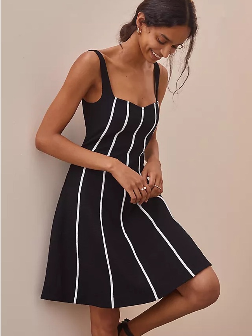 Anthropologie Maeve Sweetheart Fit Flare Mini Dress Black White Piping - Size 4